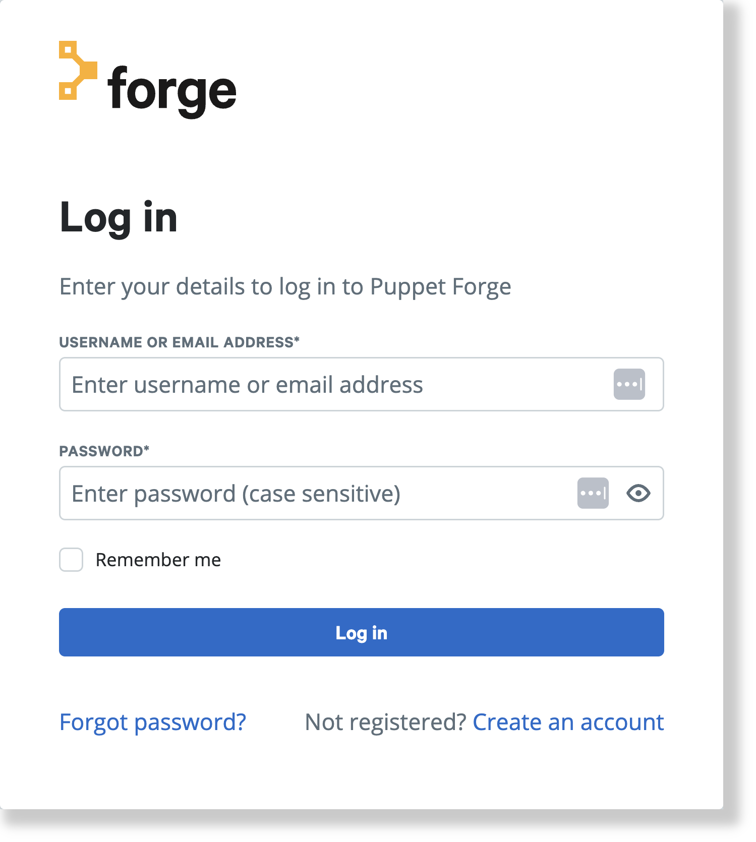 Puppet Forge login screen: A screenclip of the login prompt for accessing the Puppet Forge.