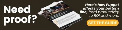 The Business Value of Puppet Enterprise White Paper Text reads: Need proof? Here's how Puppet affects your bottom line, from productivity to ROI and more. GET THE GUIDE — A banner image promoting a white paper from Puppet.